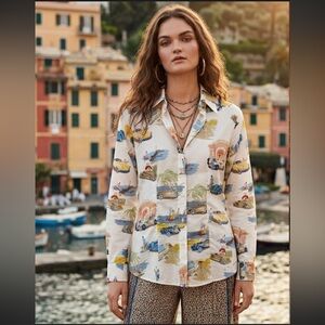 ETRO Italy Women’s Classic Car Beach Print Button Down Shirt Ivory Multi Size 42